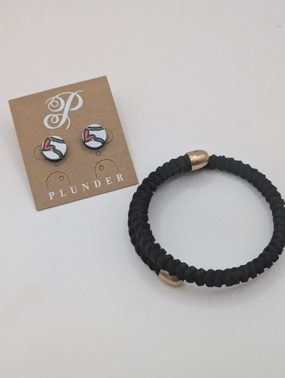 Plunder Baseball Heart Stud Earrings and Black Wrap Bracelet Set